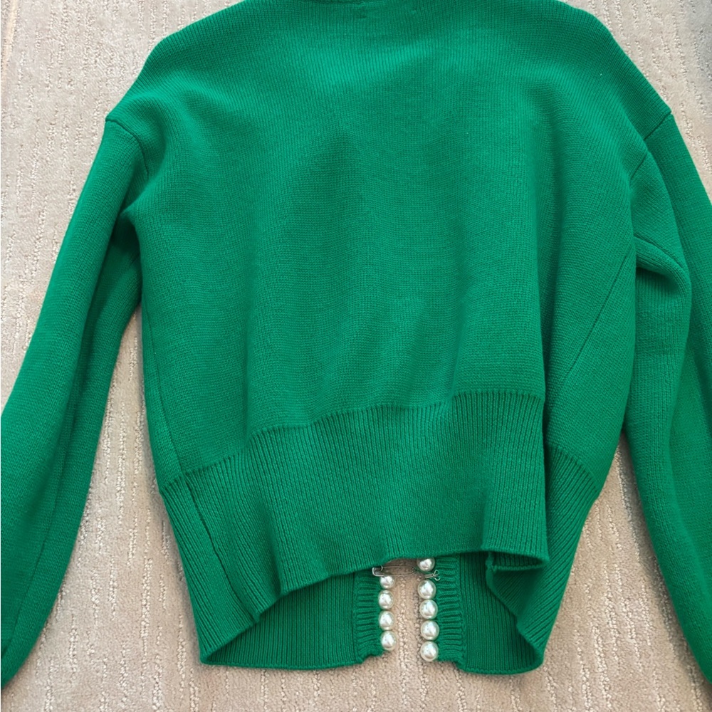 Green Cardigan Sweater with Pearl Accents - Picture 6 of 7